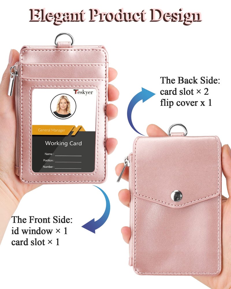 Teskyer Badge Holder with Side Zip Pocket  Multiple Card Slots Leather ID Holder Wallet with Neck Lanyard for Office Staffs  Teachers/Students  Couriers  Workers  Rose Gold - Image 4